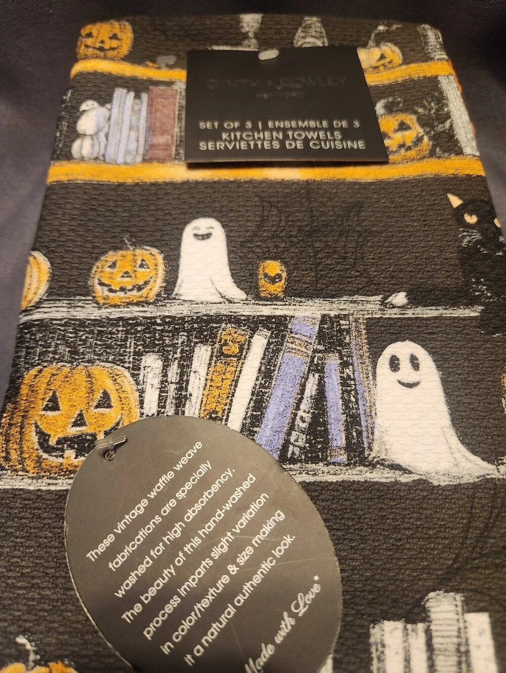 GHOSTS Reading BOOKS Orange Black 3 Halloween Kitchen Towels Cynthia Rowley NWT